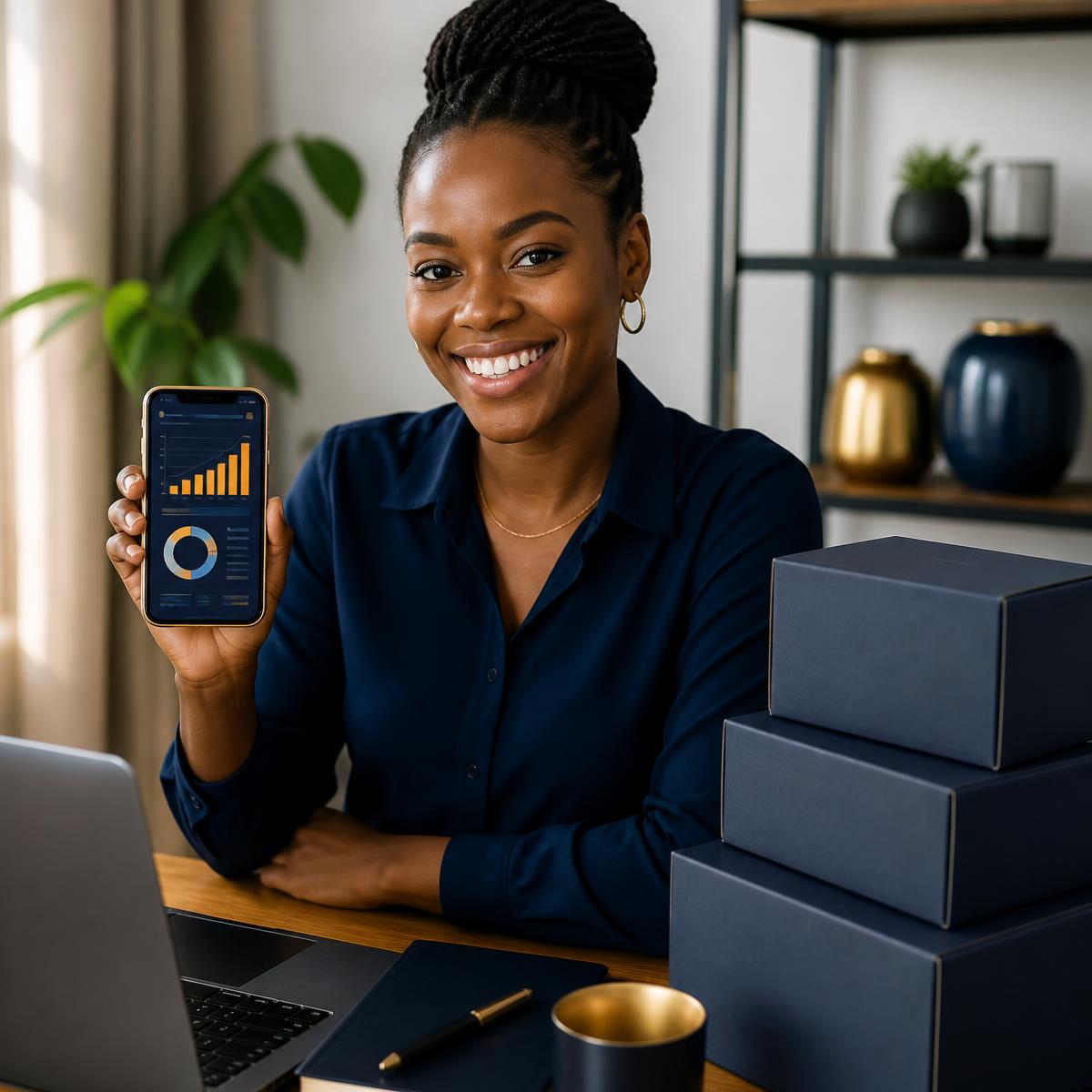 Empreendedora moçambicana a gerir as suas vendas pelo telemóvel