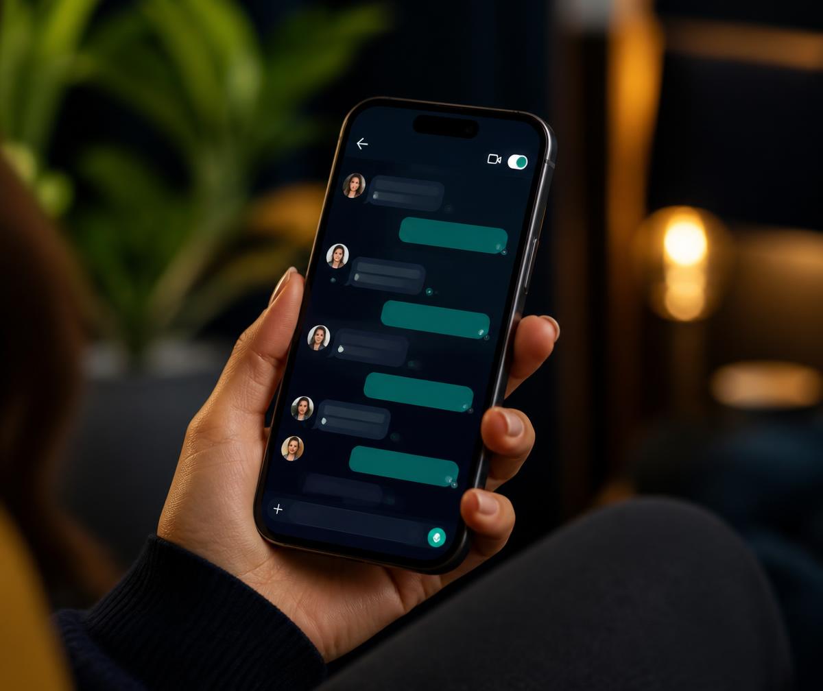 Mão a segurar telemóvel com o grupo de WhatsApp da comunidade NeuroHealth