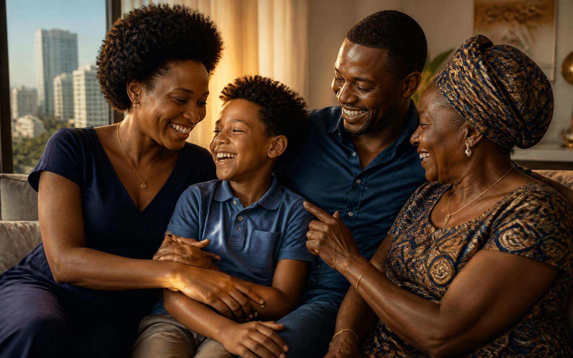 Família moçambicana reunida, luz natural, momento de afeto