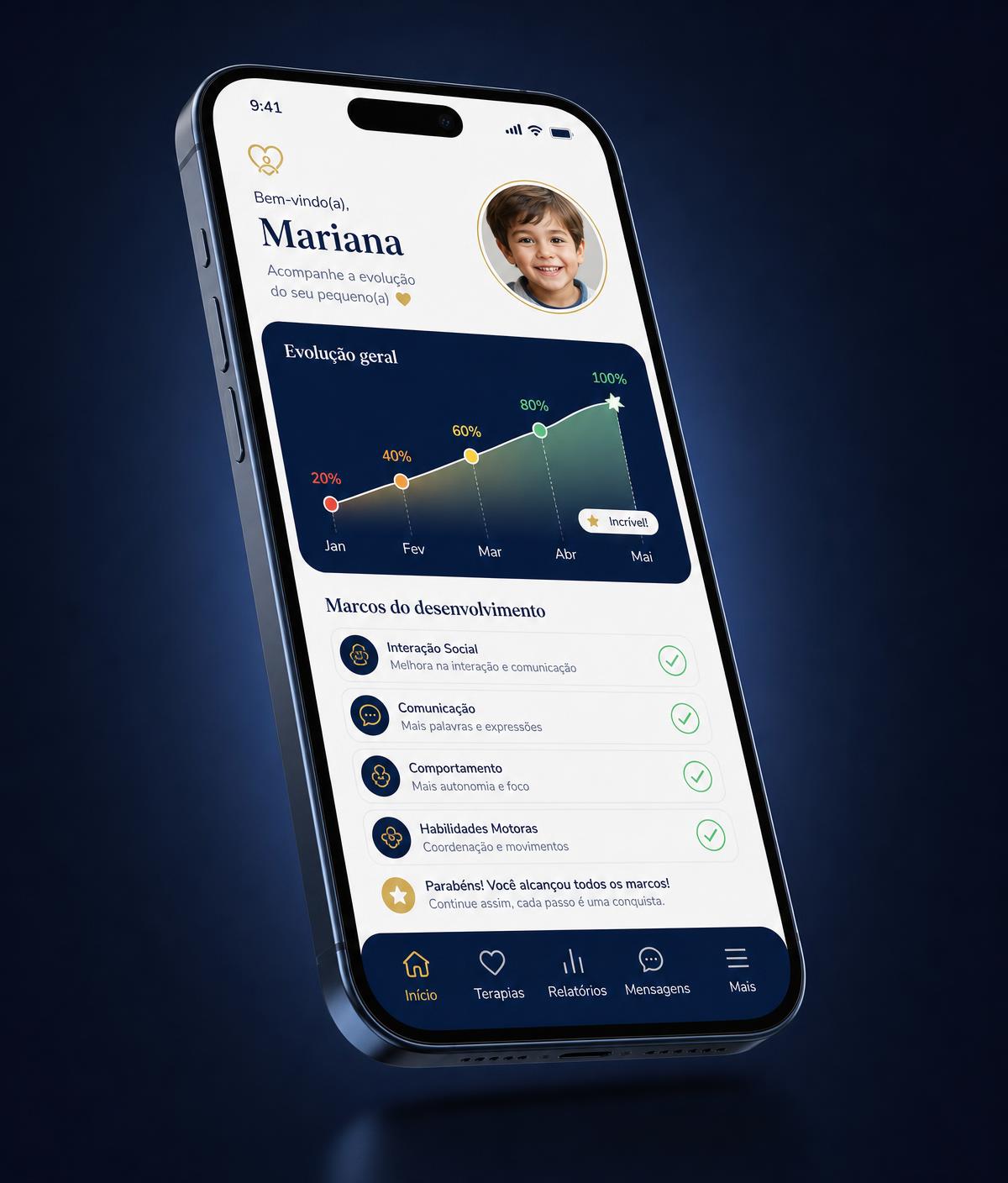Interface do app Jornada ABA com relatório de evolução da criança